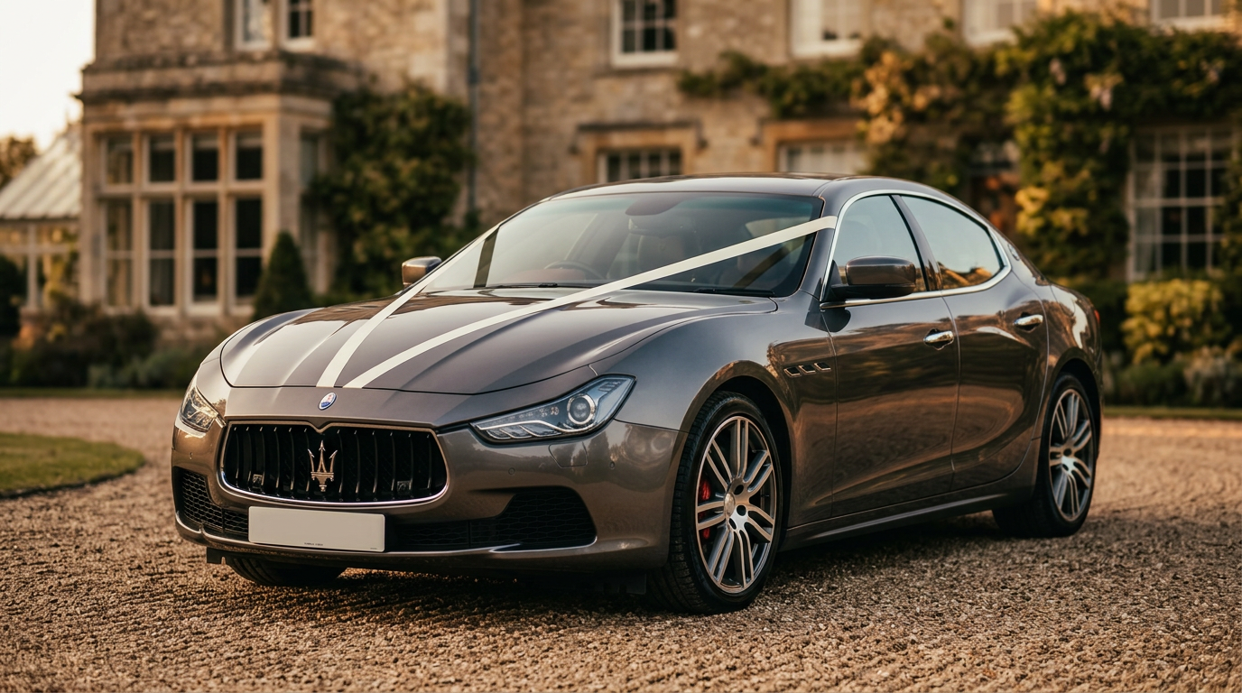 Grey Maserati Ghibli with ivory wedding ribbons on the gravel drive of a country house venue