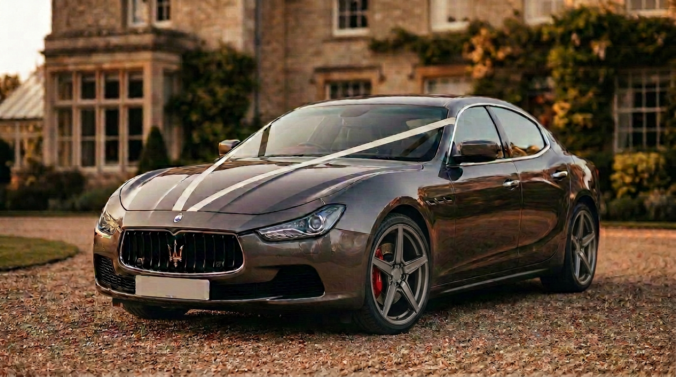Grey Maserati Ghibli with ivory wedding ribbons on the gravel drive of a country house venue